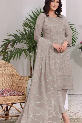 Grey embroidered faux georgette semi stitched salwar suit
