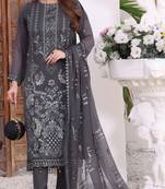 Dark grey embroidered faux georgette semi stitched salwar suit