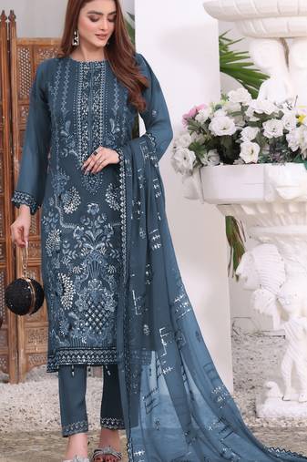 Teal embroidered faux georgette semi stitched salwar suit