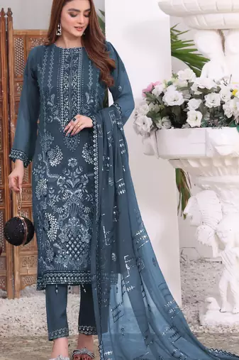 Teal embroidered faux georgette semi stitched salwar suit