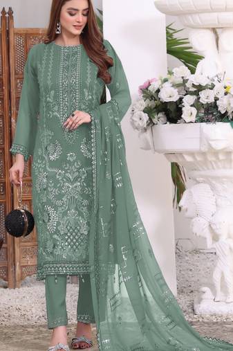 Green embroidered faux georgette semi stitched salwar suit