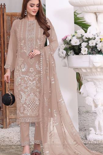 Light brown embroidered faux georgette semi stitched salwar suit