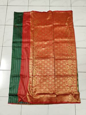 Green And Red Faux Banarasi Silk Saree With Blouse Piece. 6
