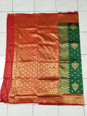 Green And Red Faux Banarasi Silk Saree With Blouse Piece. 7