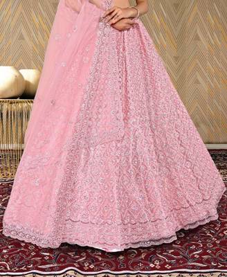 net fabric lehenga choli with zari and diamond work in peach color 3