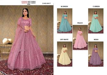 net fabric lehenga choli with zari and diamond work in peach color 4