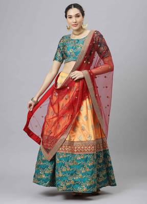 EYE CATCHING YELLOW EMBROIDERED BANARASI SILK SEMI STITCHED WEDDING PARTY WEAR LEHENGA WITH DUPATTA 1