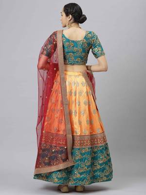 EYE CATCHING YELLOW EMBROIDERED BANARASI SILK SEMI STITCHED WEDDING PARTY WEAR LEHENGA WITH DUPATTA 2