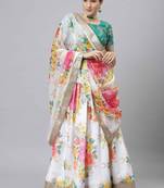 OFF WHITE & GREEN COLORED DORI, ZARI, AND SEQUINS EMBROIDERED & DIGITAL FLORAL PRINTED ORGANZA PARTY WEAR LEHENGA