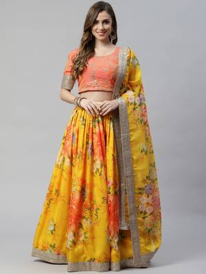 YELLOW & ORANGE COLORED DORI, ZARI, AND SEQUINS EMBROIDERED & DIGITAL FLORAL PRINTED ORGANZA PARTY WEAR LEHENGA 1