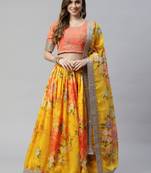 YELLOW & ORANGE COLORED DORI, ZARI, AND SEQUINS EMBROIDERED & DIGITAL FLORAL PRINTED ORGANZA PARTY WEAR LEHENGA