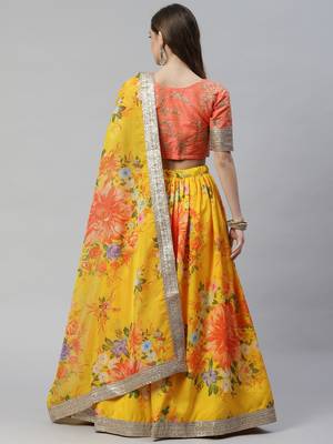 YELLOW & ORANGE COLORED DORI, ZARI, AND SEQUINS EMBROIDERED & DIGITAL FLORAL PRINTED ORGANZA PARTY WEAR LEHENGA 2