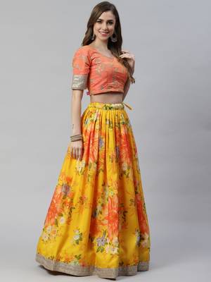 YELLOW & ORANGE COLORED DORI, ZARI, AND SEQUINS EMBROIDERED & DIGITAL FLORAL PRINTED ORGANZA PARTY WEAR LEHENGA 3