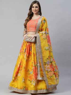 YELLOW & ORANGE COLORED DORI, ZARI, AND SEQUINS EMBROIDERED & DIGITAL FLORAL PRINTED ORGANZA PARTY WEAR LEHENGA 4