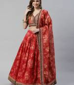 MAROON & PEACH COLORED DORI, ZARI, AND SEQUINS EMBROIDERED & DIGITAL FLORAL PRINTED ORGANZA PARTY WEAR LEHENGA
