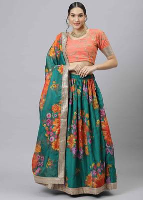 GREEN & ORANGE COLORED DORI, ZARI, AND SEQUINS EMBROIDERED & DIGITAL FLORAL PRINTED ORGANZA WEDDING LEHENGA 1