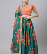 GREEN & ORANGE COLORED DORI, ZARI, AND SEQUINS EMBROIDERED & DIGITAL FLORAL PRINTED ORGANZA WEDDING LEHENGA