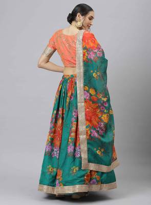 GREEN & ORANGE COLORED DORI, ZARI, AND SEQUINS EMBROIDERED & DIGITAL FLORAL PRINTED ORGANZA WEDDING LEHENGA 2