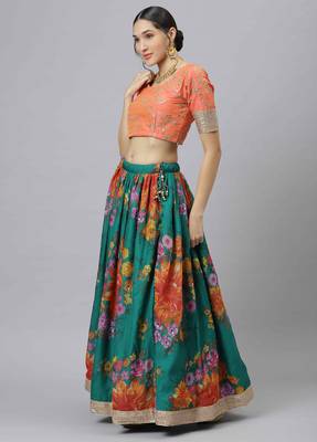 GREEN & ORANGE COLORED DORI, ZARI, AND SEQUINS EMBROIDERED & DIGITAL FLORAL PRINTED ORGANZA WEDDING LEHENGA 3