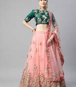 EXOTIC GREEN AND PEACH NET THREAD & ZARI EMBROIDERED WITH MIRROR WEDDING DESIGNER LEHENGA CHOLI WITH DUPATTA