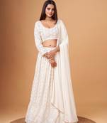 WHITE SEQUENCE AND THREAT EMBROIDERED GEORGETTE LUCKNOWI CHIKEN SEMI STITCHED LEHENGA CHOLI