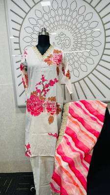 White Muslin Fabric Printed and Embroidered work Straight cut Kurta Pant and Dupatta Set 6