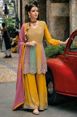 Yellow Embroidered Chinon Anarkali Salwar Suit With Bottom 1