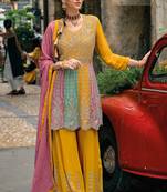 Yellow Embroidered Chinon Semi-Anarkali Salwar Suit With Bottom
