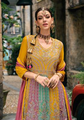 Yellow Embroidered Chinon Anarkali Salwar Suit With Bottom 2
