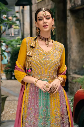 Yellow Embroidered Chinon Anarkali Salwar Suit With Bottom