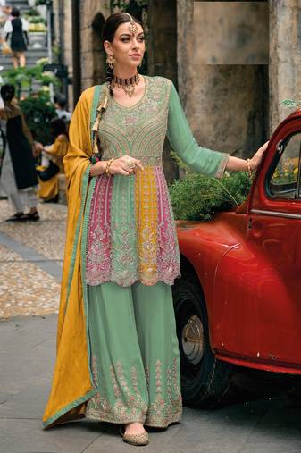 Green Embroidered Chinon Semi-Stitched Anarkali Salwar Suit With Stitched Bottom