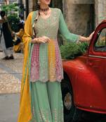 Green Embroidered Chinon Semi-Stitched Anarkali Salwar Suit With Stitched Bottom