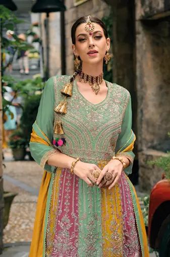 Green Embroidered Chinon Stitched Anarkali Salwar Suit With Stitched Bottom