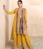 Yellow Floral Embroidered Real Chinon Stitched Sharara Salwar Suit With Stitched Bottom