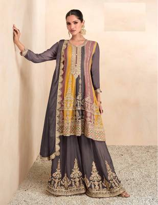 Grey Floral Embroidered Real Chinon Stitched Sharara Salwar Suit With Stitched Bottom 1