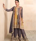 Grey Floral Embroidered Real Chinon Stitched Sharara Salwar Suit With Stitched Bottom