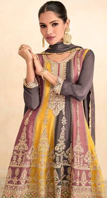 Grey Floral Embroidered Real Chinon Stitched Sharara Salwar Suit With Stitched Bottom 2