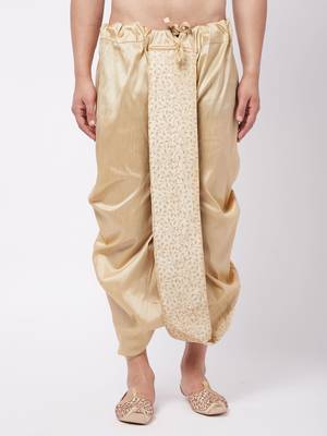 Men'S Gold Silk Blend Embroidered Dhoti 1