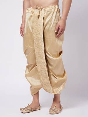 Men'S Gold Silk Blend Embroidered Dhoti 2