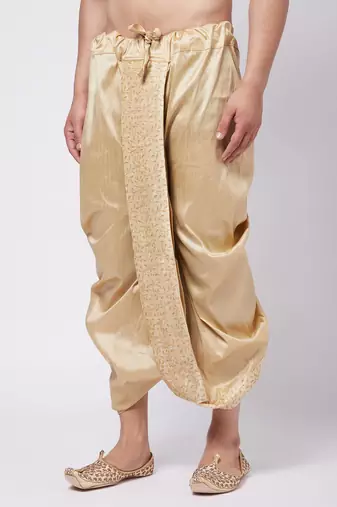 Men'S Gold Silk Blend Embroidered Dhoti