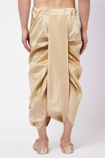 Men'S Gold Silk Blend Embroidered Dhoti