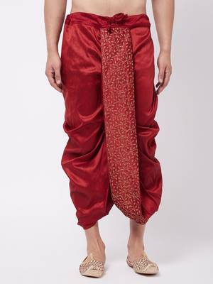 Men'S Maroon Silk Blend Embroidered Dhoti 1