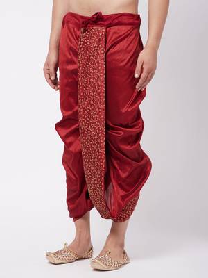 Men'S Maroon Silk Blend Embroidered Dhoti 2