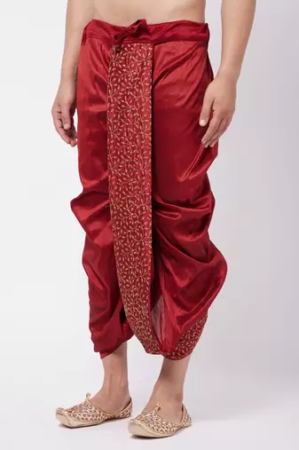 Men'S Maroon Silk Blend Embroidered Dhoti