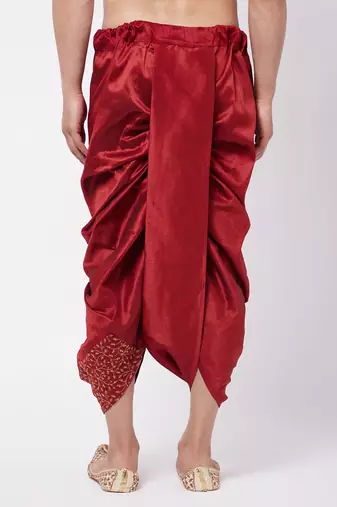 Men'S Maroon Silk Blend Embroidered Dhoti