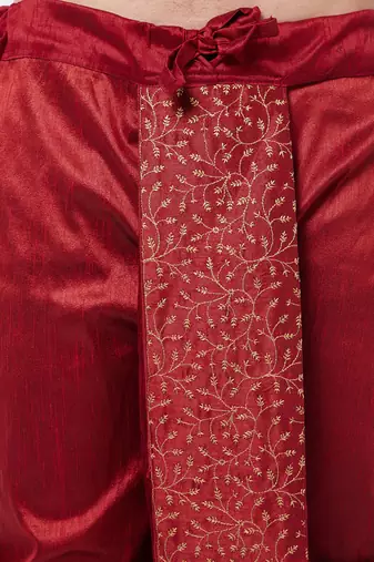 Men'S Maroon Silk Blend Embroidered Dhoti