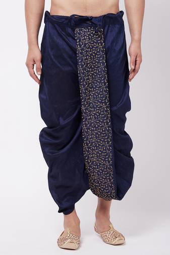 Men'S Navy Blue Silk Blend Embroidered Dhoti