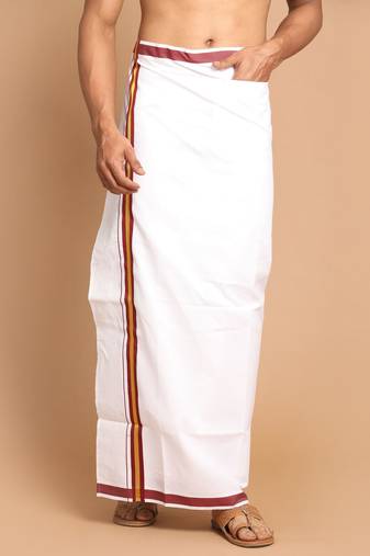 Men'S White And Maroon Dhoti Mundu Vesty