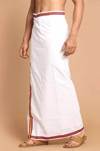 White And Maroon Dhoti Mundu Vesty