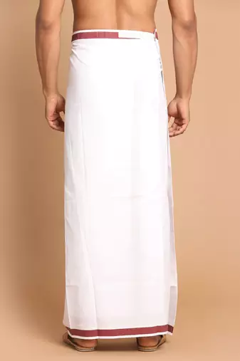 White And Maroon Dhoti Mundu Vesty